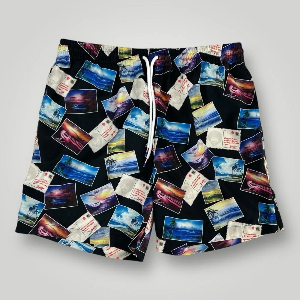 RSVLTS Bob Ross Postcards Swim Trunks Shorts Men's Size MEDIUM‎ Mesh Lined